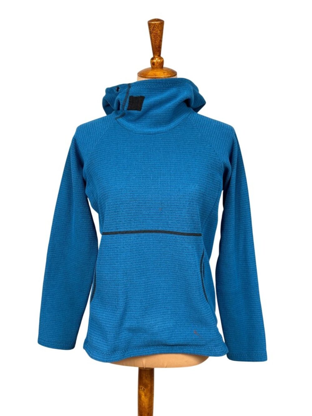 Melanzana Blue Micro Grid Fleece Hoodie Small Pullover With Kangaroo Pocket